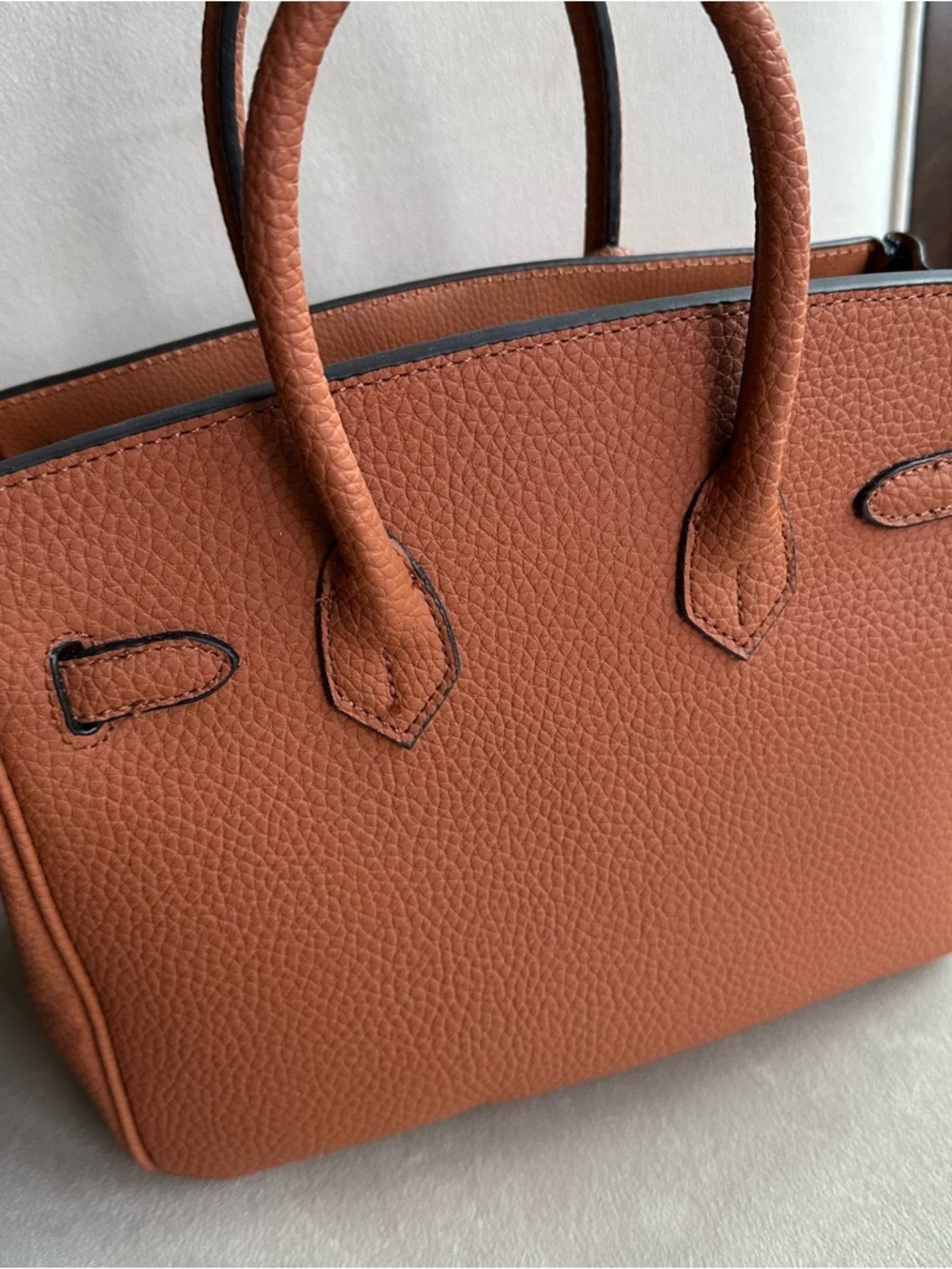 Caramel Structured Top Handle Bag | Gold Hardware | Chic Classic Style - Picture 16 of 17